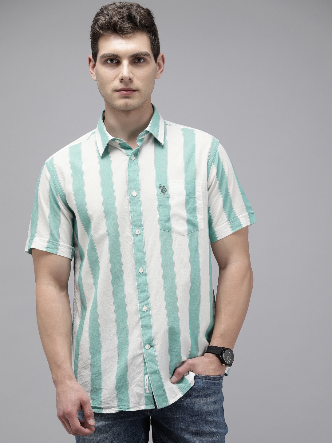 

U.S. Polo Assn. Pure Cotton Tailored Fit Striped Casual Shirt, Green