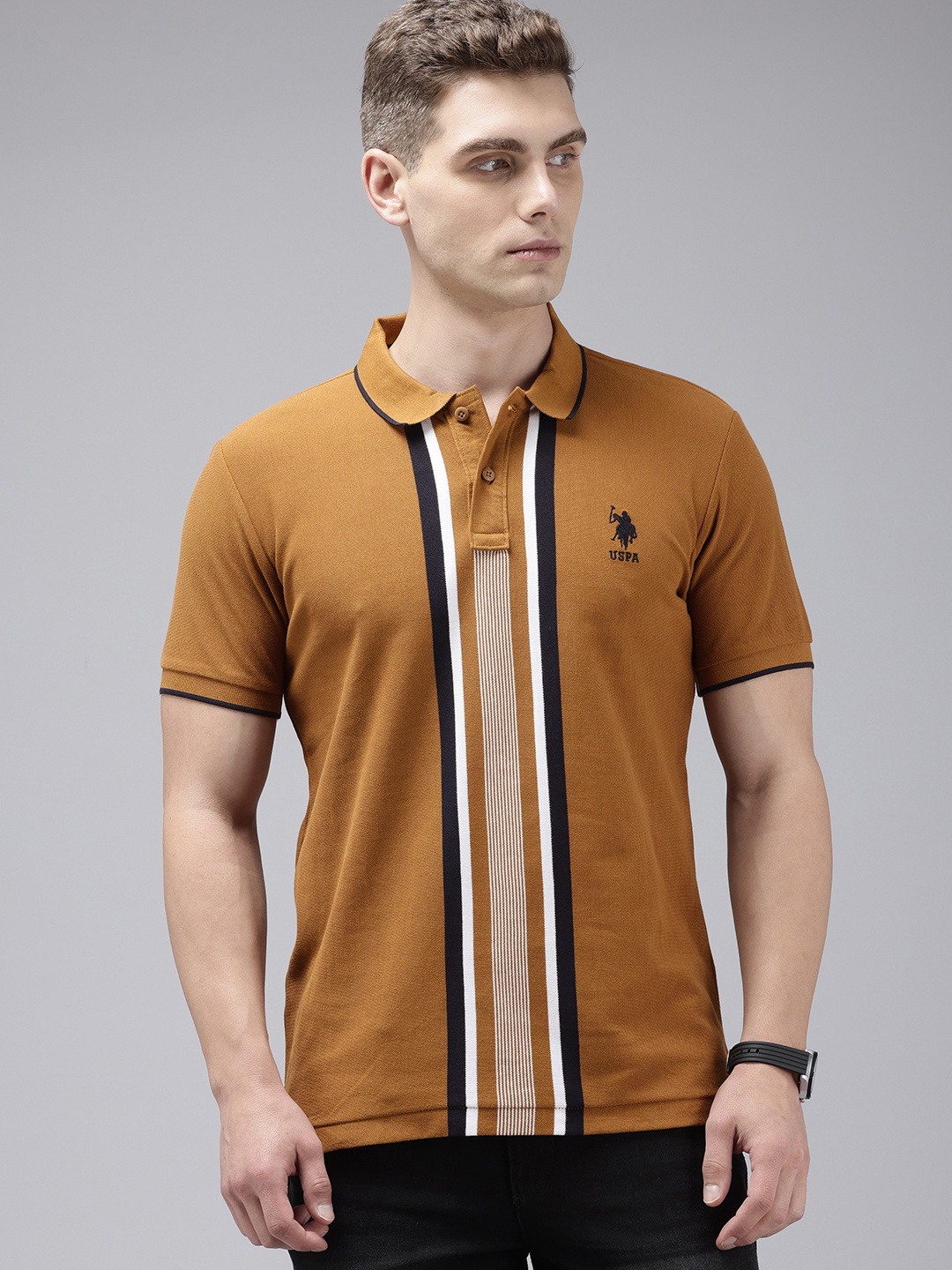 

U.S. Polo Assn. Striped Polo Collar Pure Cotton Slim Fit T-shirt, Brown