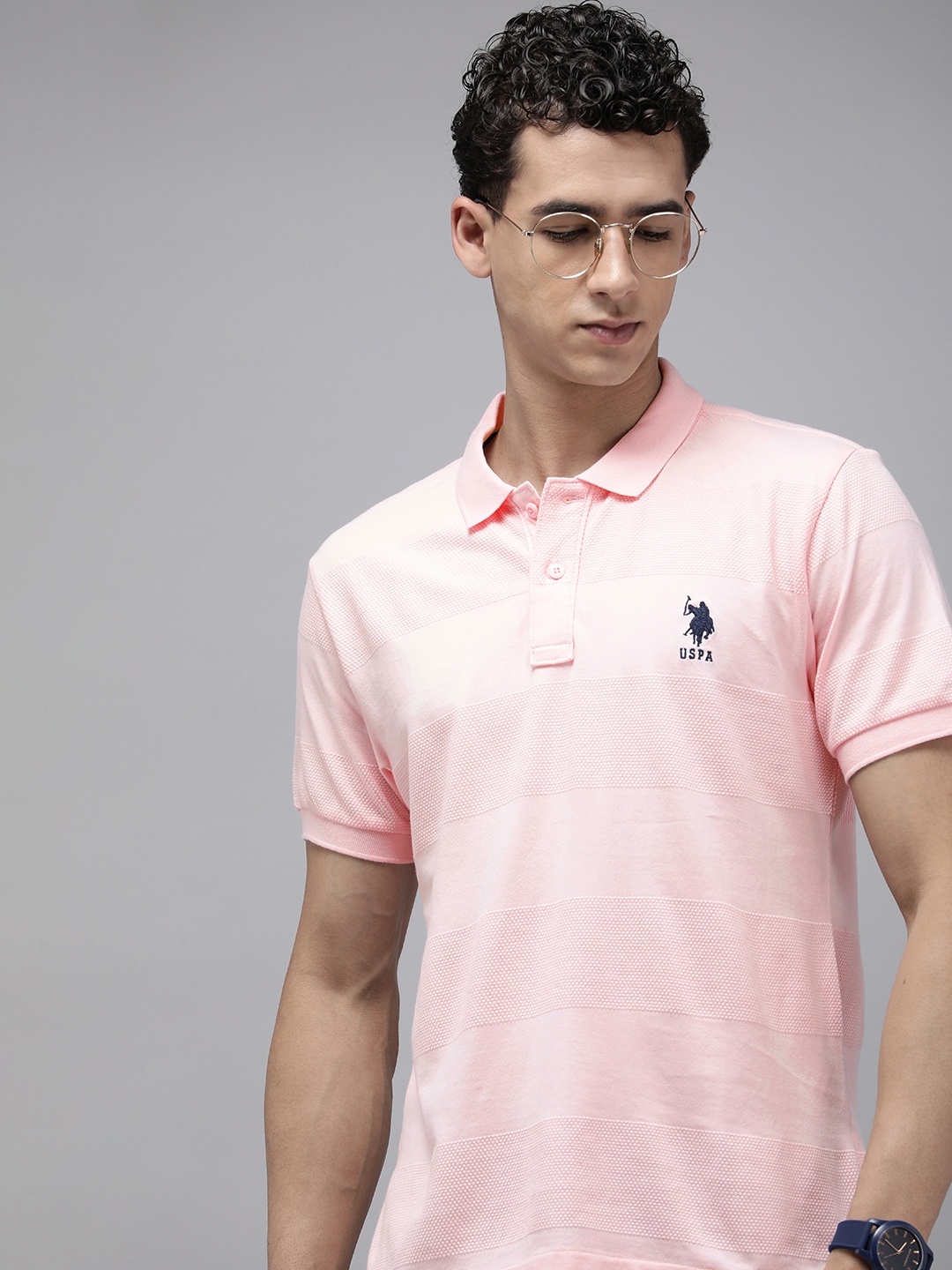 

U.S. Polo Assn. Pure Cotton Self Striped Polo Collar Slim Fit T-shirt, Pink