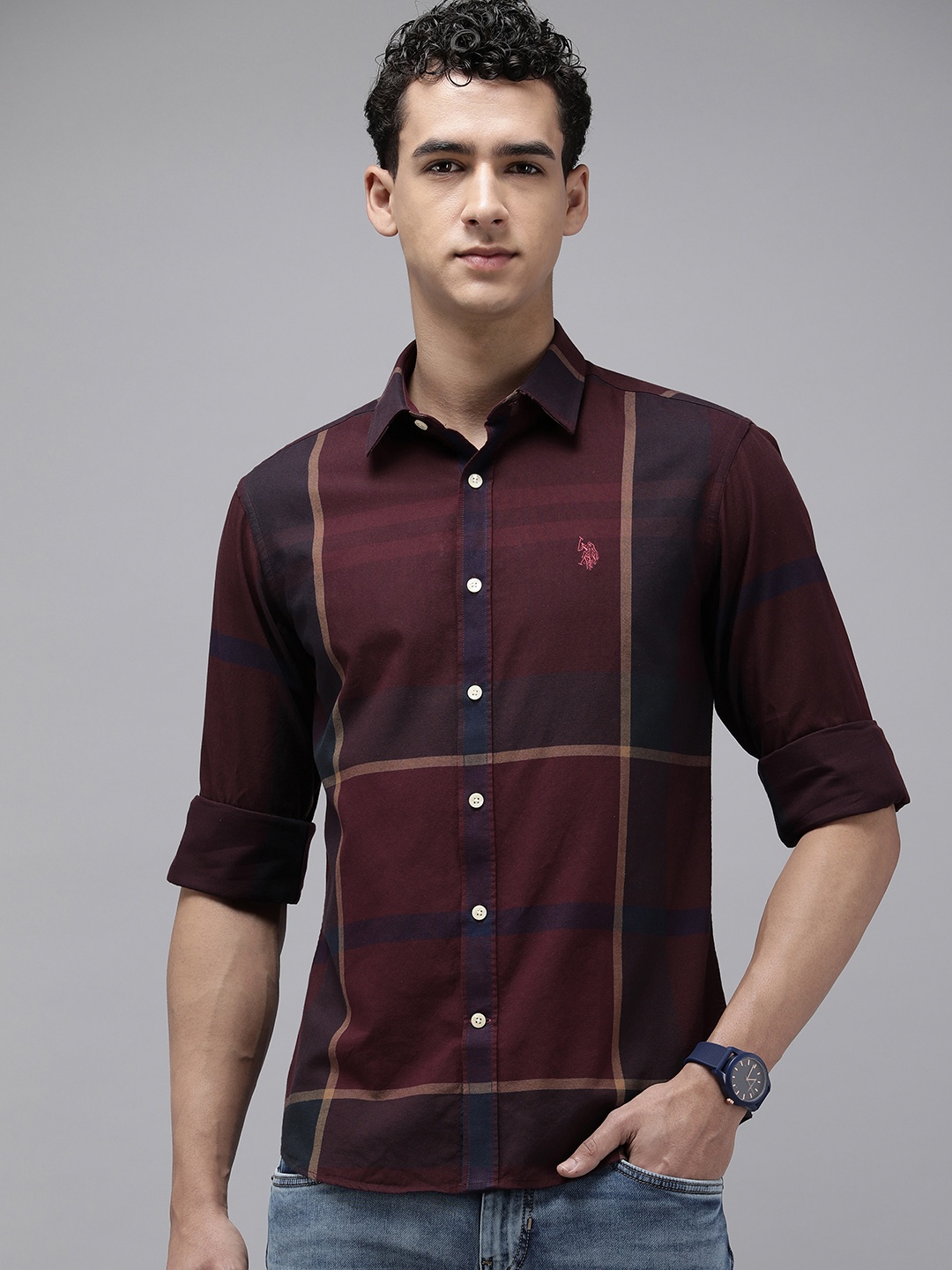 

U.S. Polo Assn. Pure Cotton Tailored Fit Opaque Checked Casual Shirt, Maroon