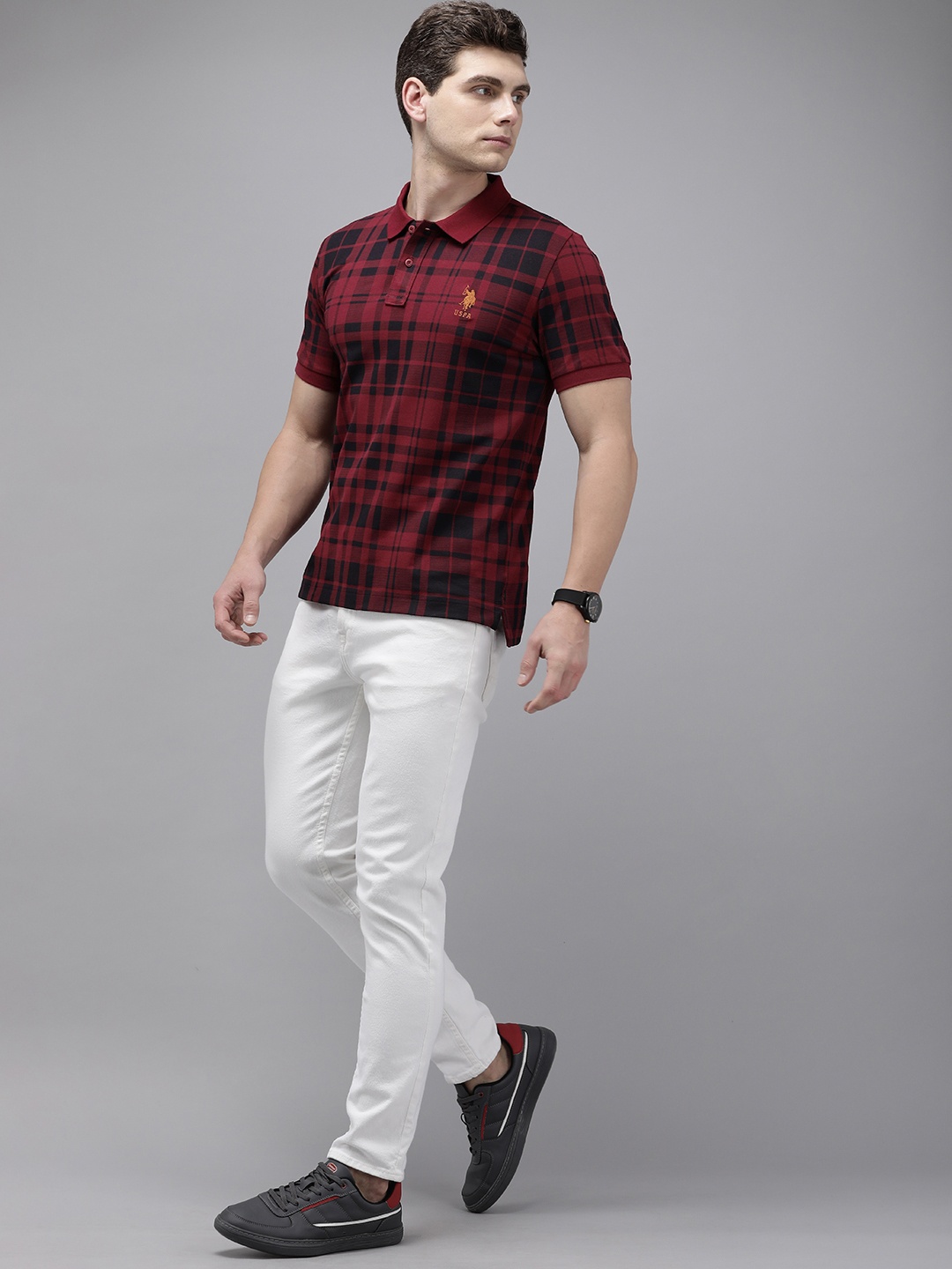 

U.S. Polo Assn. Checked Polo Collar Pure Cotton Slim Fit T-shirt, Maroon