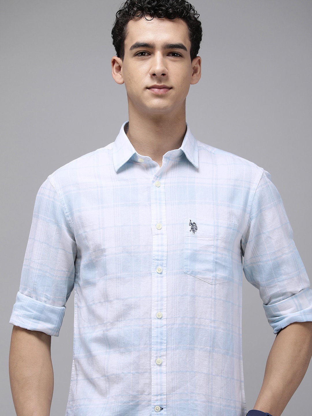 

U.S. Polo Assn. Linen Cotton Tailored Fit Checked Casual Shirt, Blue