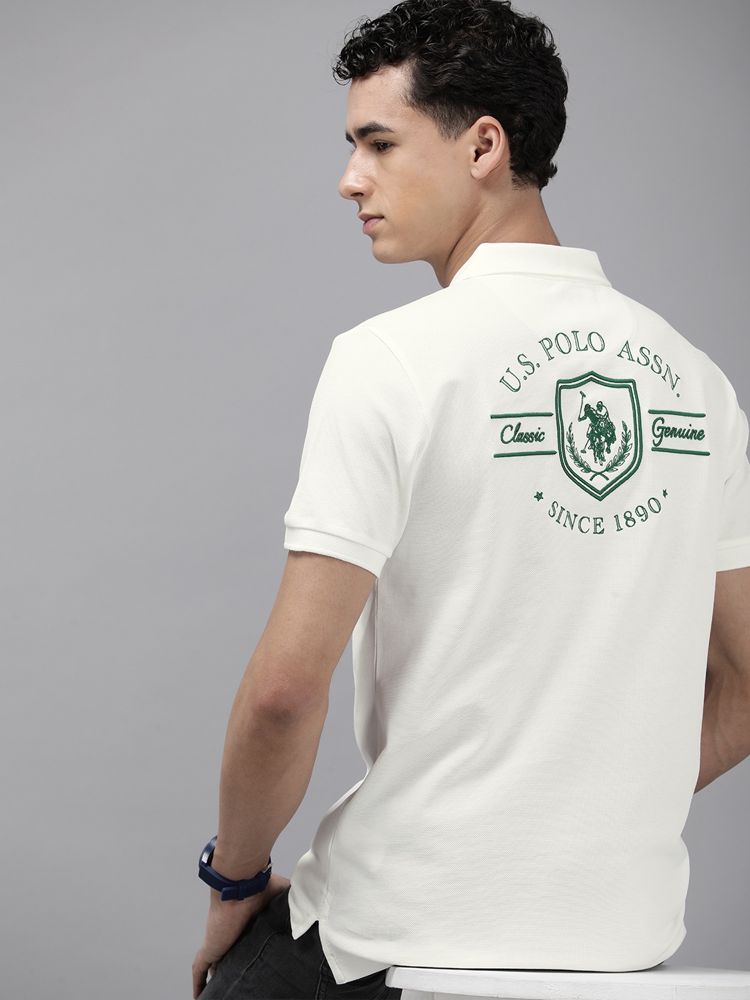 

U.S. Polo Assn. Men Brand Logo Printed Polo Collar Pure Cotton Slim Fit T-shirt, White