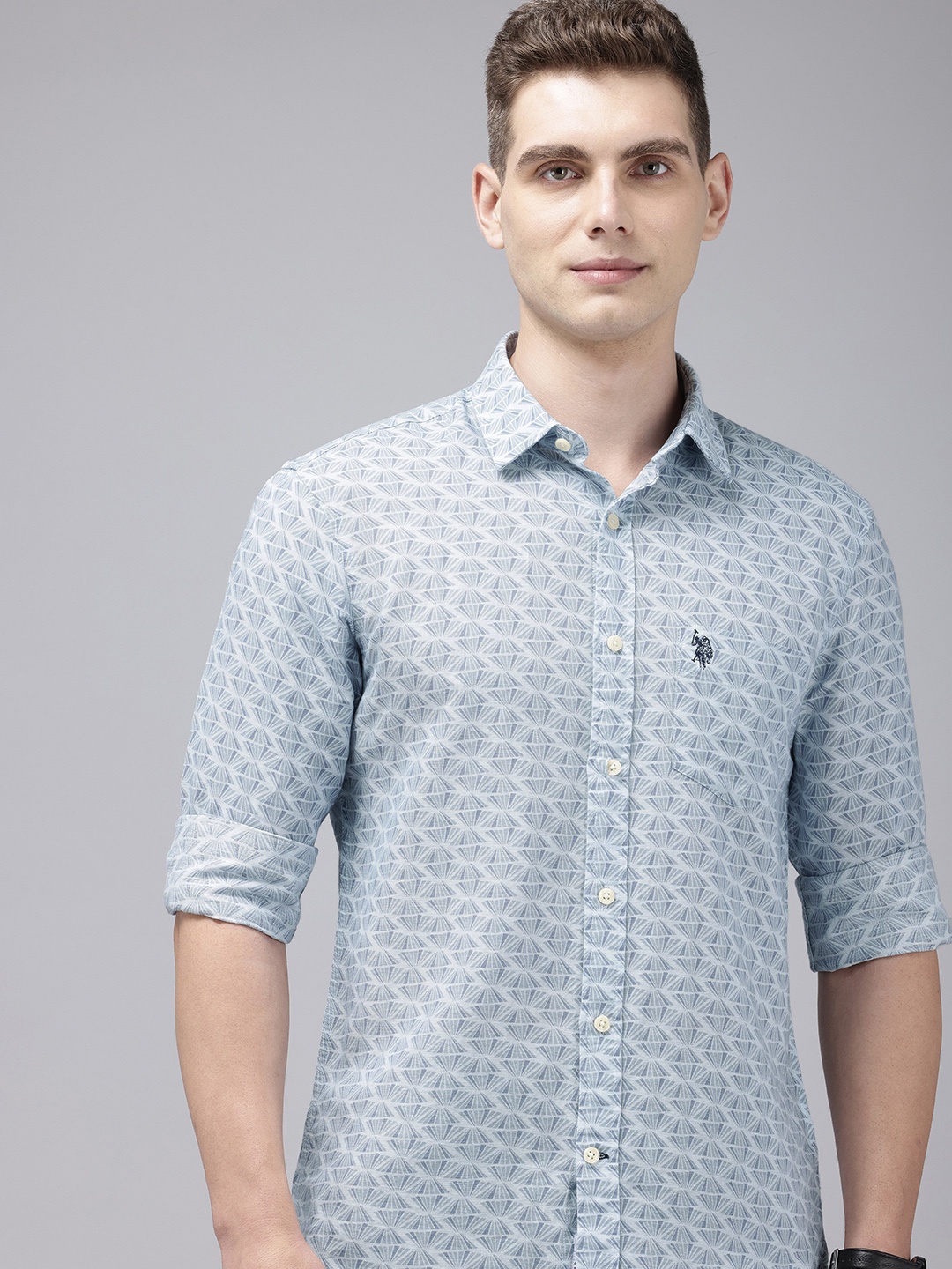 

U.S. Polo Assn. Cotton Linen Tailored Fit Geometric Printed Casual Shirt, Blue