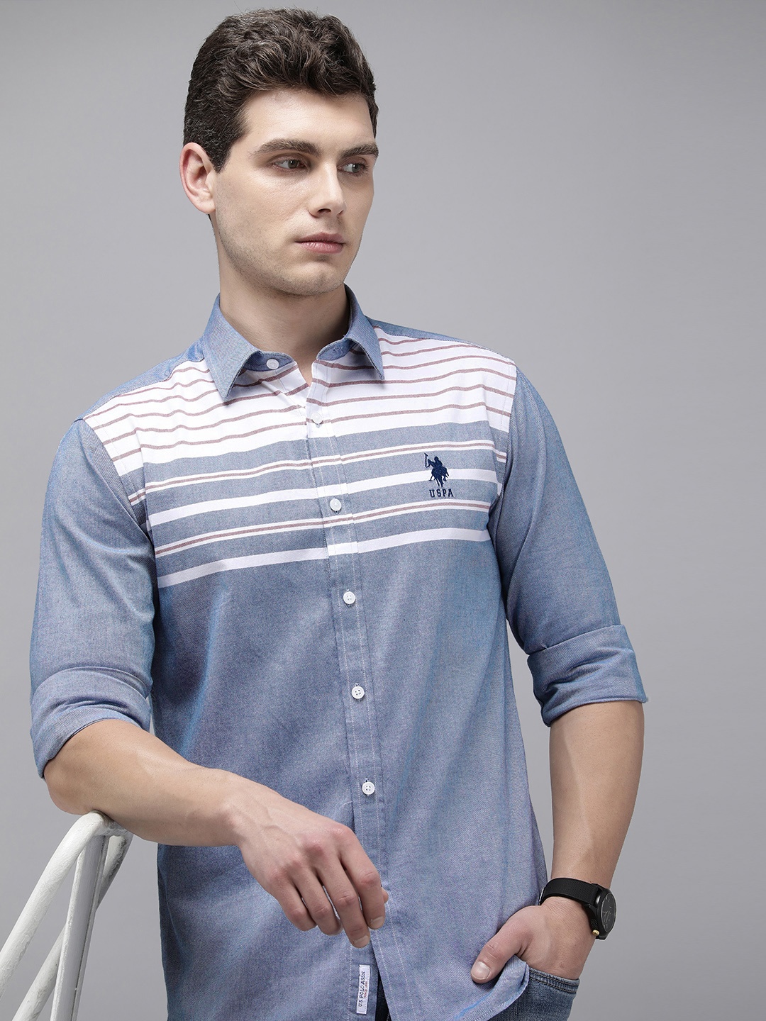 

U.S. Polo Assn. Pure Cotton Tailored Fit Horizontal Stripes Opaque Casual Shirt, Blue