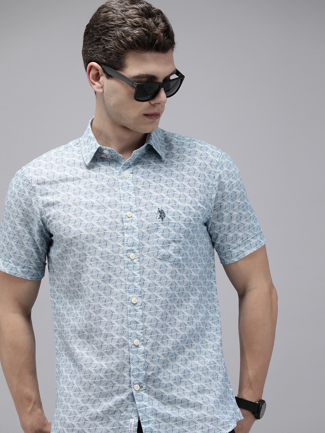 

U.S. Polo Assn. Linen Cotton Tailored Fit Opaque Printed Casual Shirt, Blue