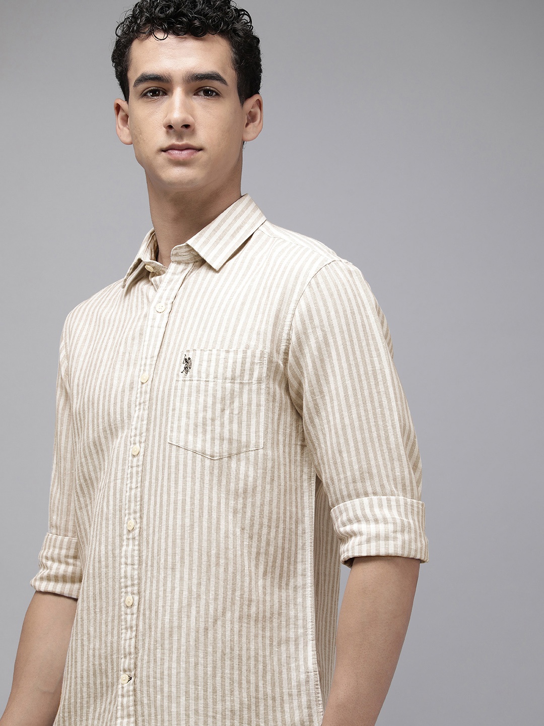 

U.S. Polo Assn. Linen Cotton Tailored Fit Striped Casual Shirt, Beige