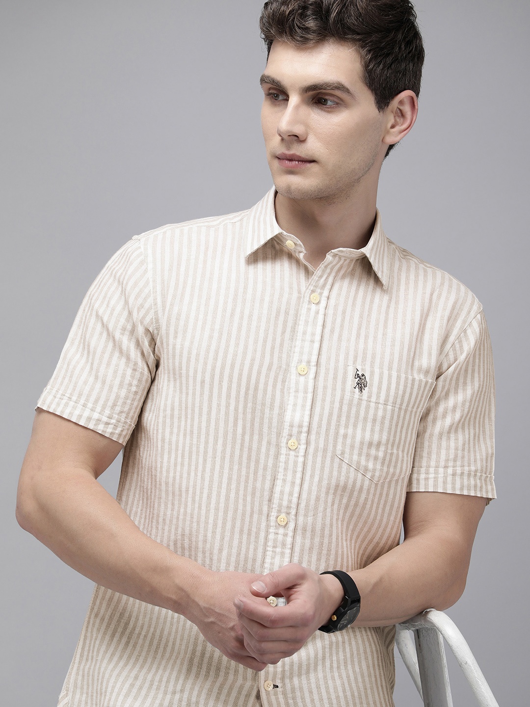

U.S. Polo Assn. Linen Cotton Tailored Fit Striped Casual Shirt, Beige