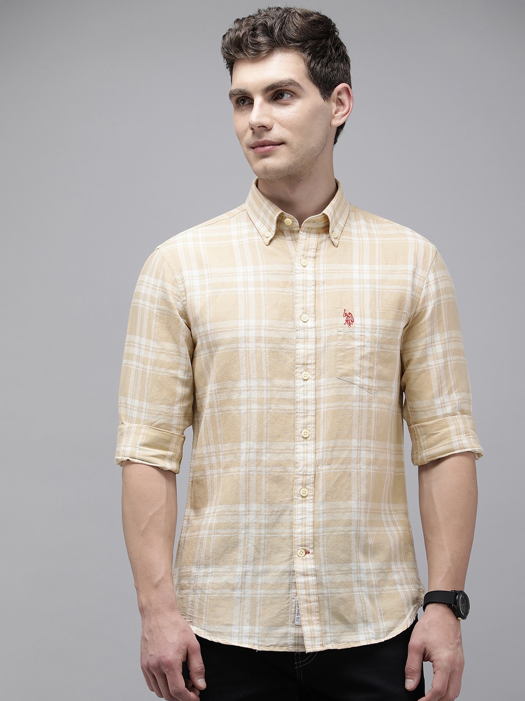 

U.S. Polo Assn. Linen Cotton Tailored Fit Tartan Checks Opaque Casual Shirt, Beige
