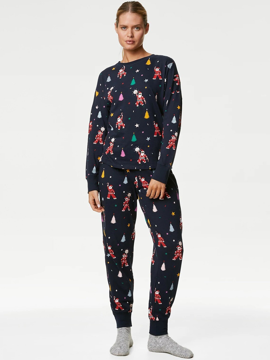

Marks & Spencer Disco Santa Family Christmas Printed Pure Cotton Night suit, Navy blue
