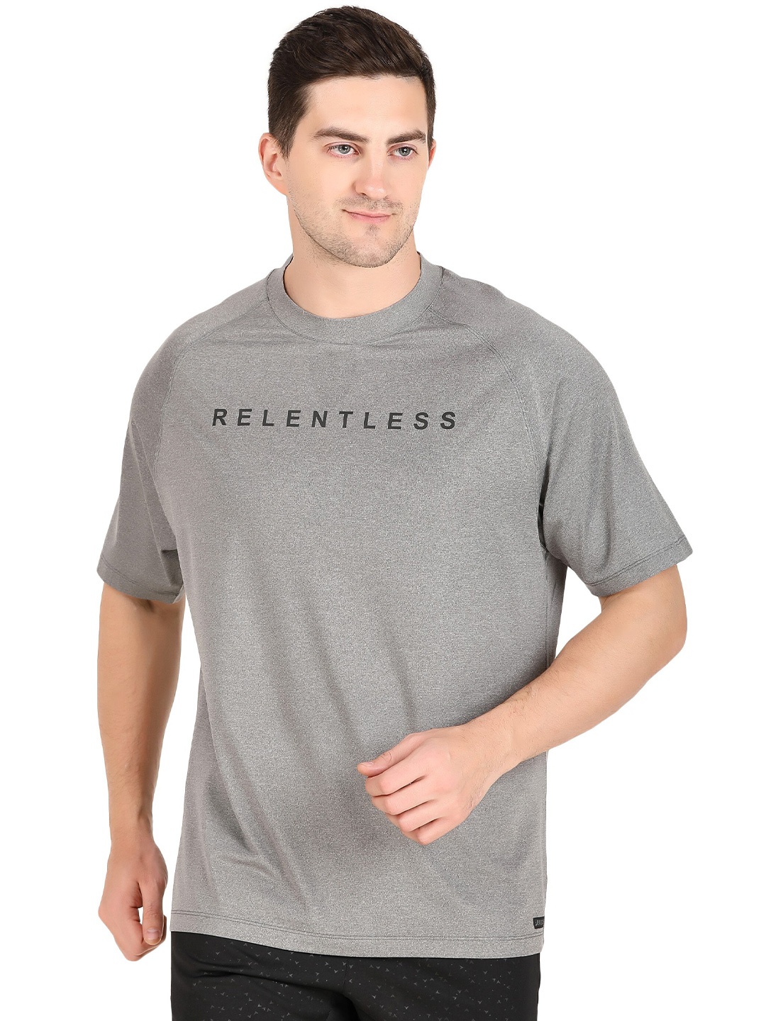 

REDESIGN Typography Printed Raglan Sleeves Rapid-Dry Technology Oversized Boxy Fit T-shirt, Grey