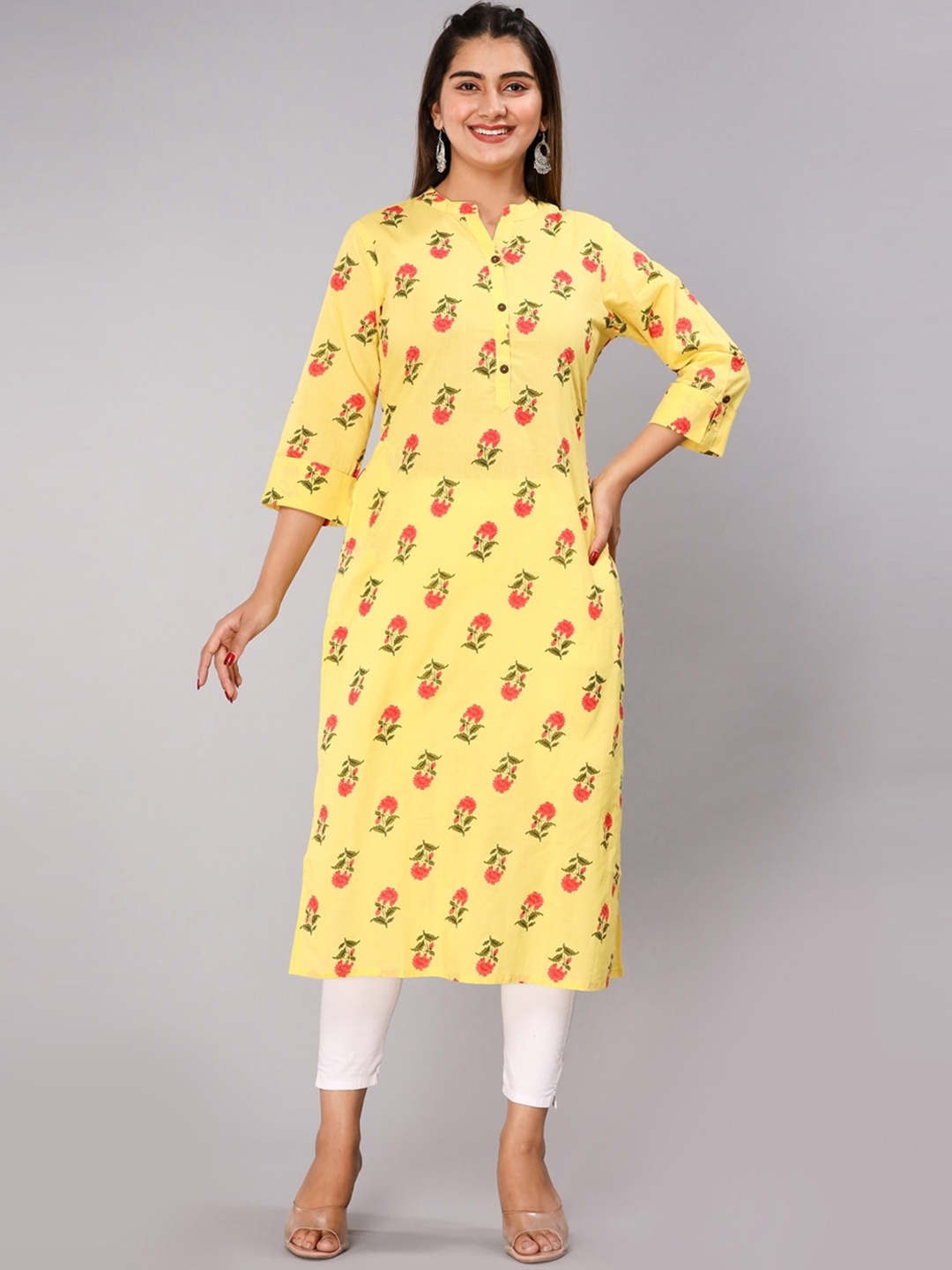 

Haute and Humble Ethnic Motifs Printed Mandarin Collar Pure Cotton Straight Kurta, Yellow