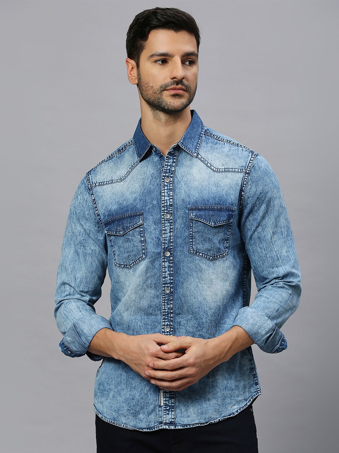 

VALEN CLUB Slim Fit Faded Pure Cotton Denim Shirt, Blue