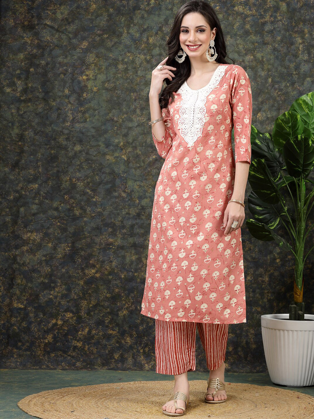 

KALINI Floral Printed Thread Work Regular Kurta with Trousers, Orange