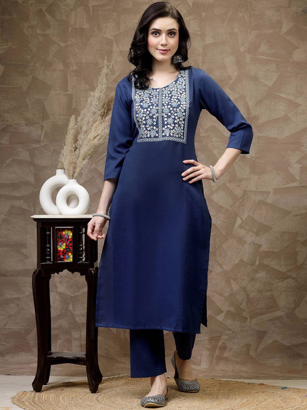 

KALINI Ethnic Motifs Embroidered Regular Thread Work Kurta With Trouser, Blue