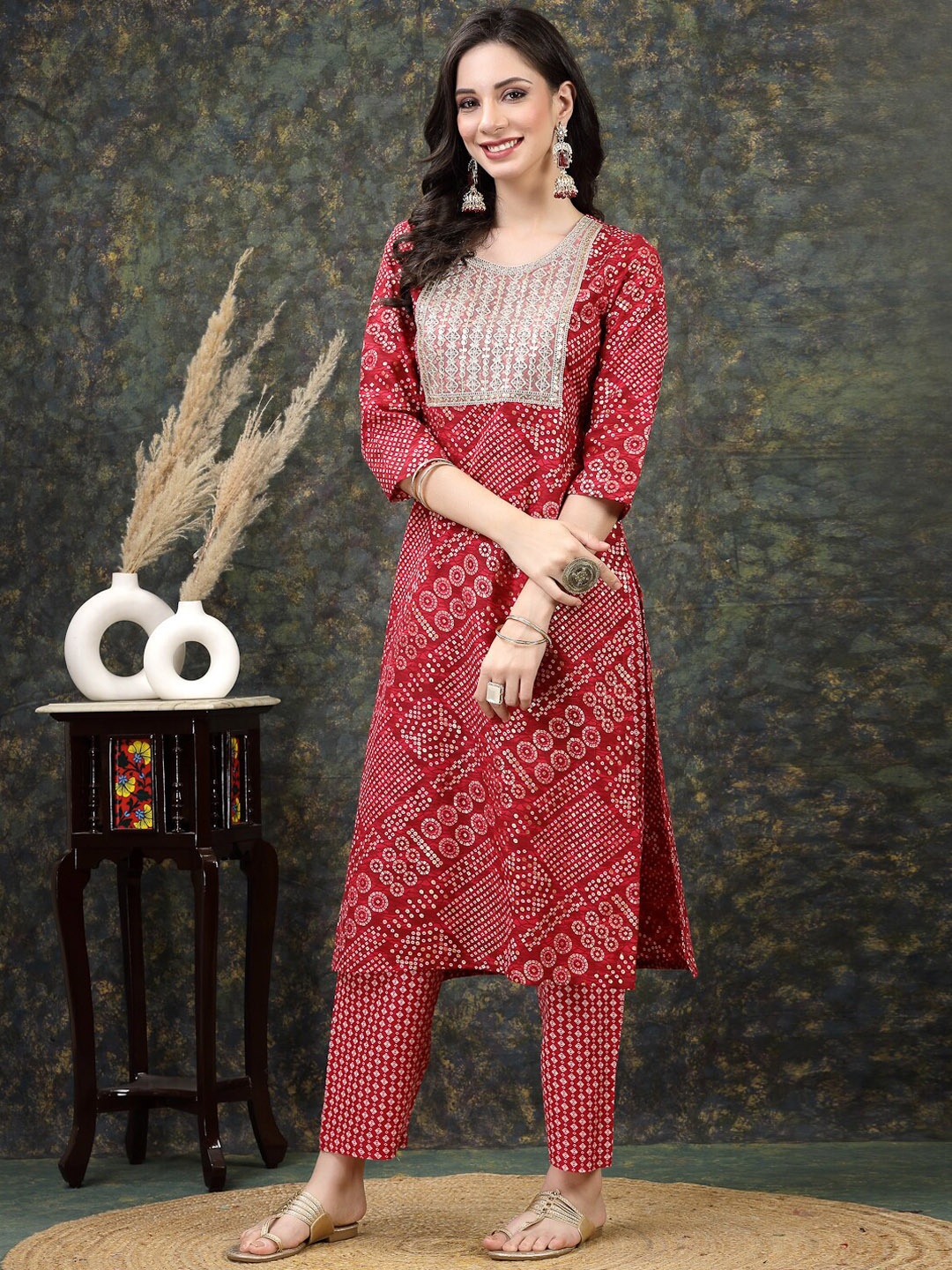 

KALINI Bandhani Printed Thread Work Straight Kurta with Trousers, Red