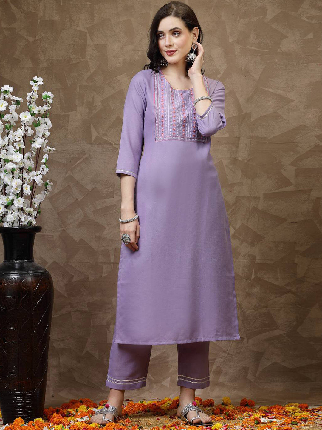

KALINI Floral Embroidered Straight Kurta with Trousers, Purple