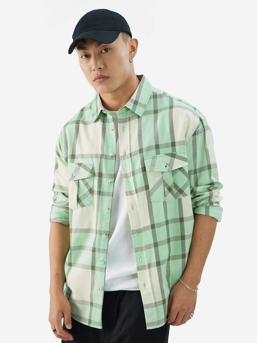 

The Souled Store Tartan Checked Oversized Pure Cotton Casual Shirt, Green