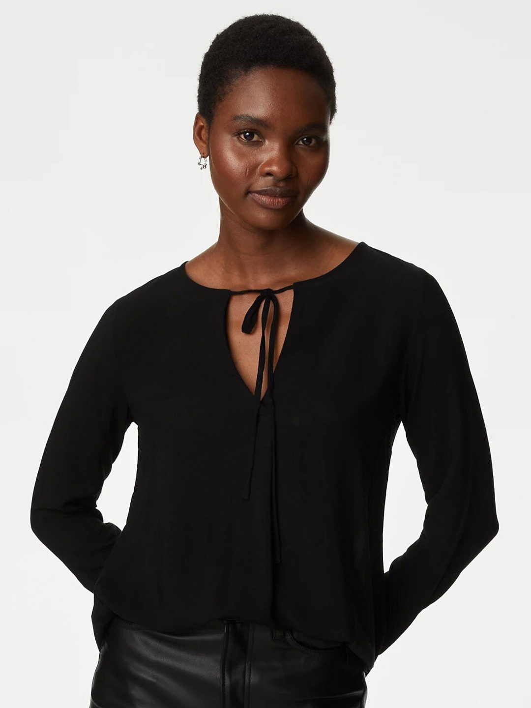 

Marks & Spencer Tie-Up Neck Long Sleeves Gathered Top, Black