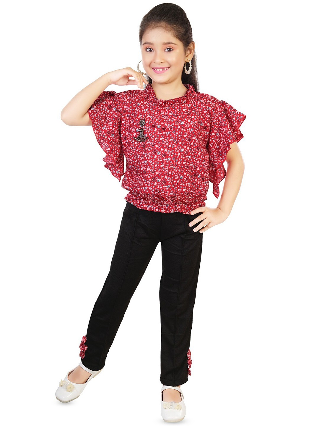 

BAESD Girls Printed High Neck Flutter Sleeves Top with Trousers, Red