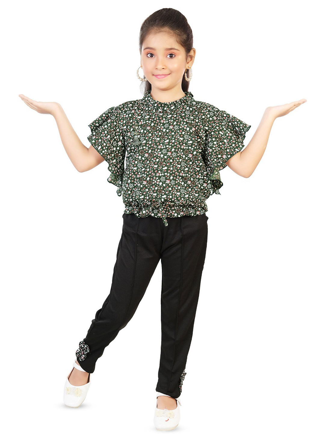 

BAESD Girls Printed High Neck Flutter Sleeves Top with Trousers, Green
