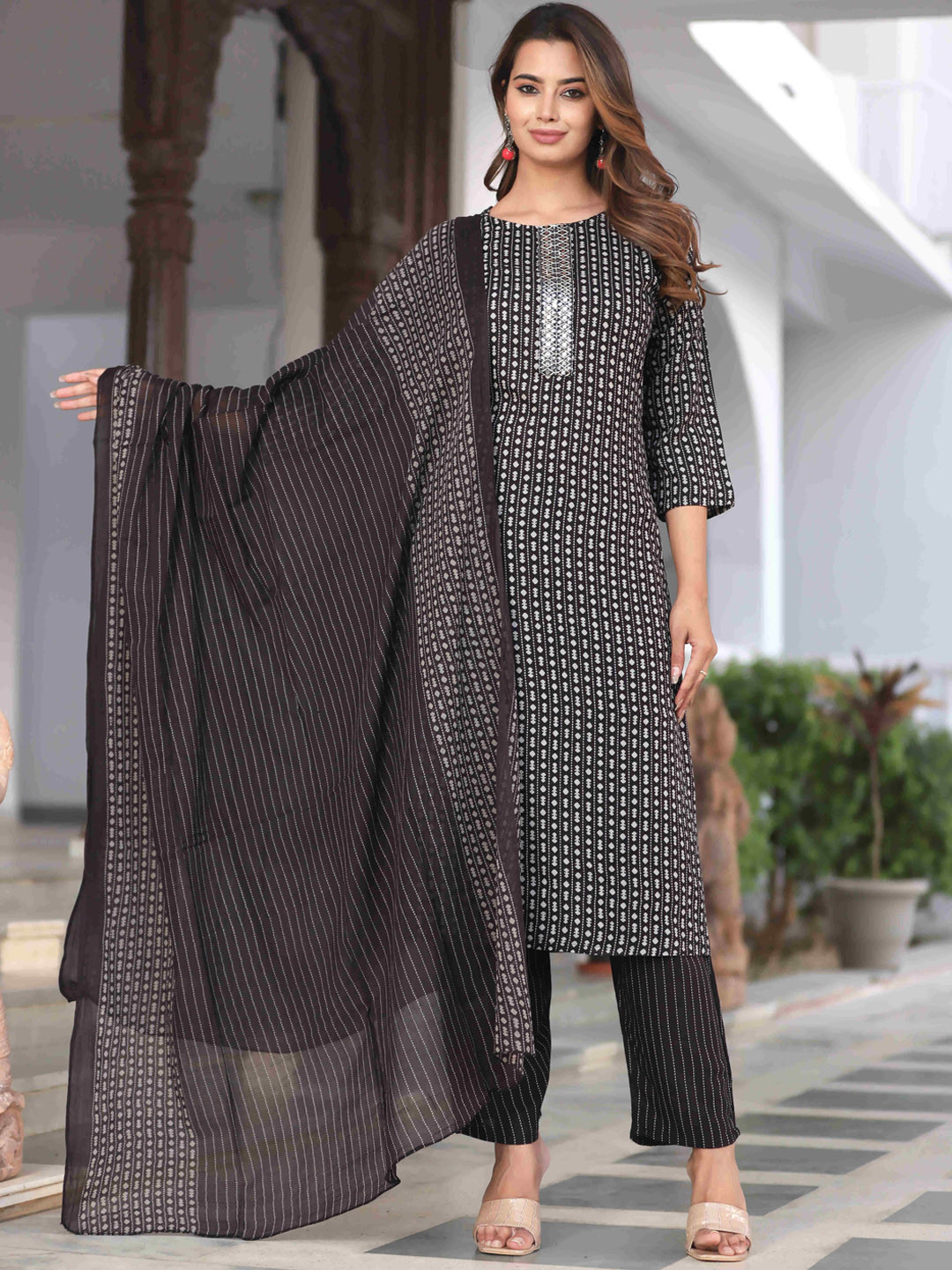 

DARVIKAA COLLECTION Ethnic Motifs Printed Mirror Work Kurta With Trousers & Dupatta, Black