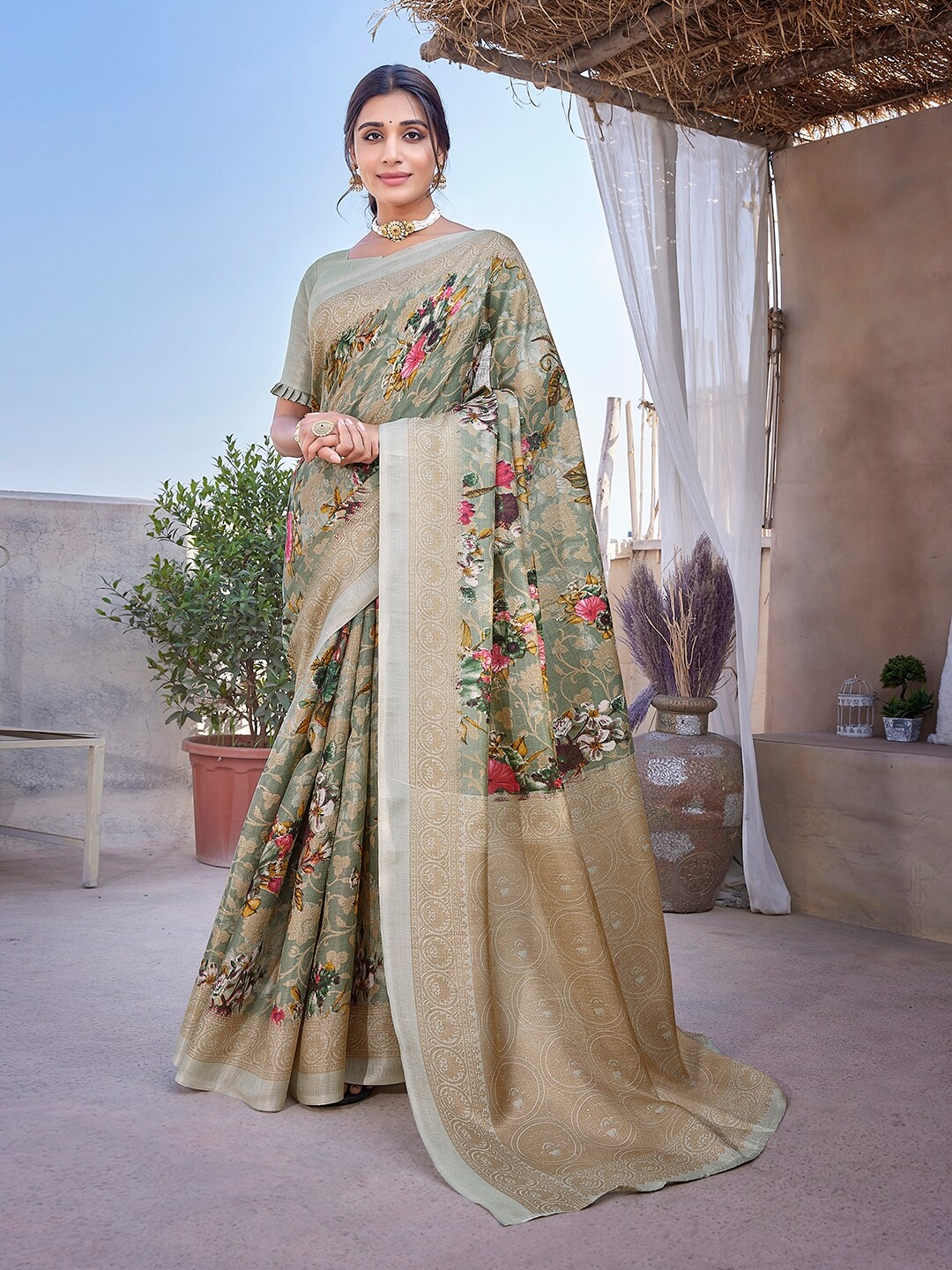 

KALINI Floral Printed Mysore Silk Saree, Green