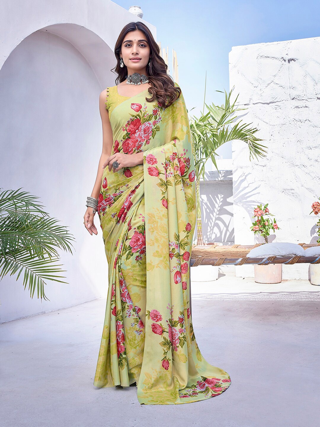 

KALINI Floral Printed Leheriya Saree, Green