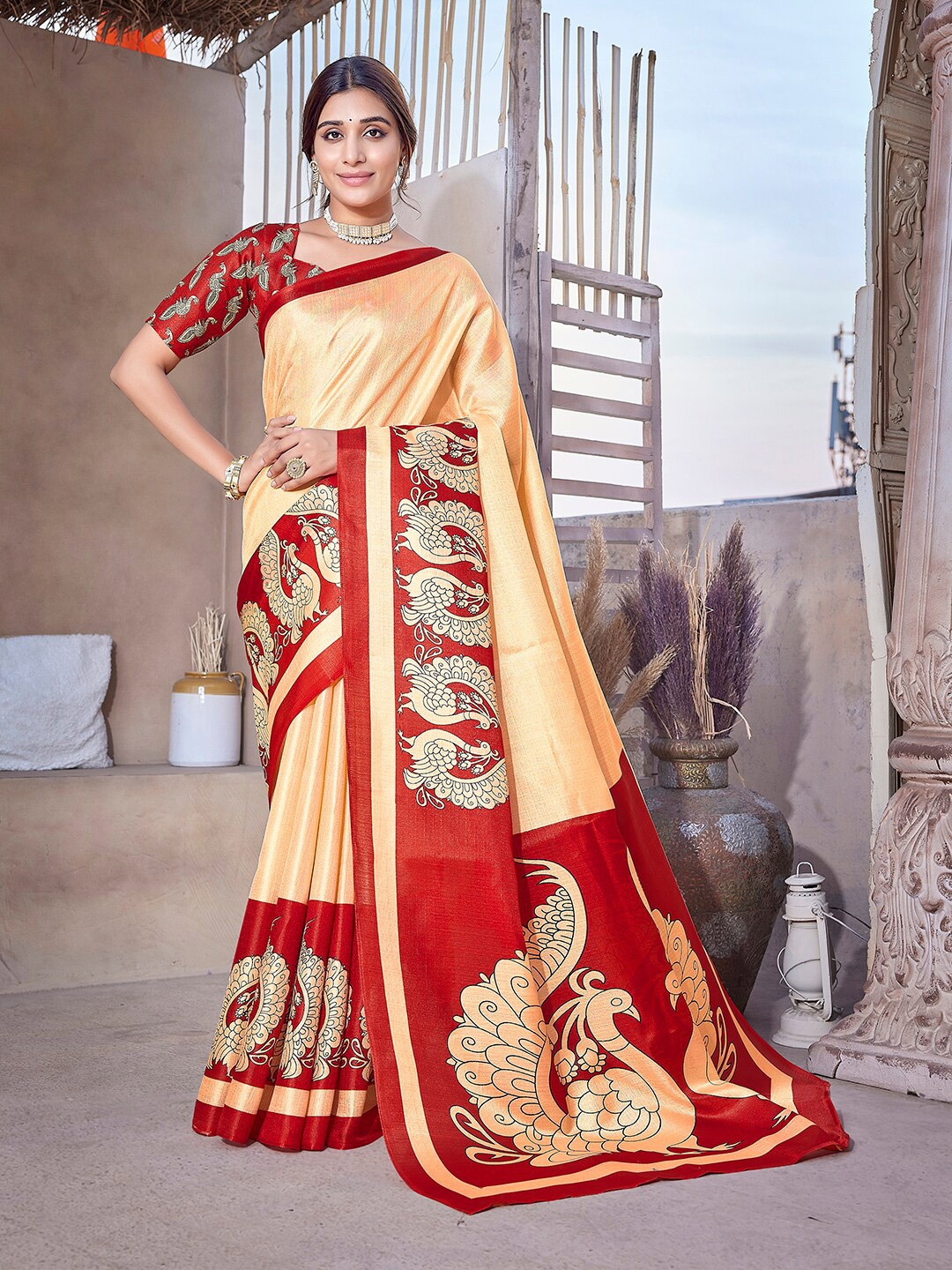 

KALINI Ethnic Motifs Printed Mysore Silk Saree, Red