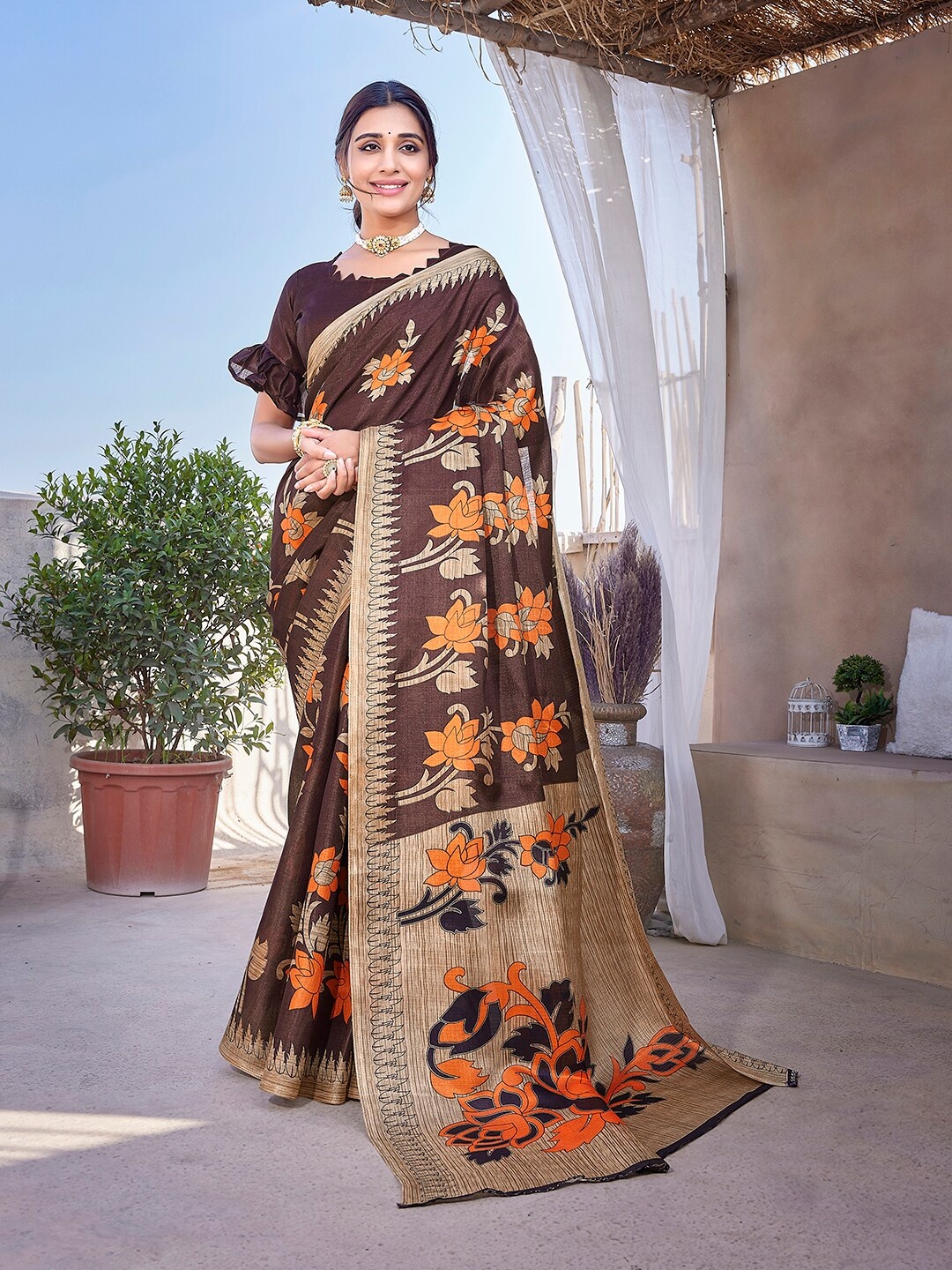 

KALINI Floral Printed Art Silk Mysore Silk Saree, Brown