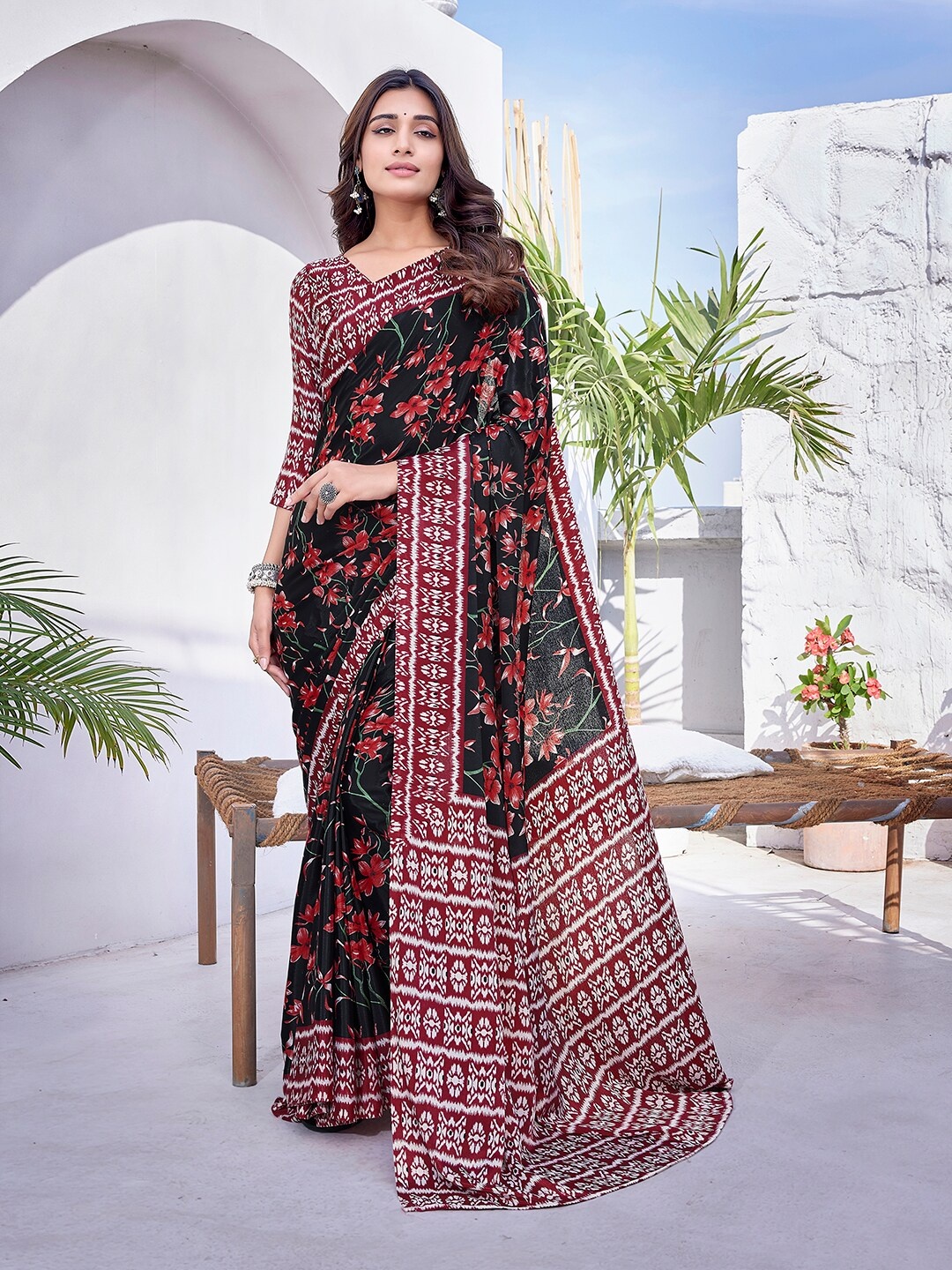 

KALINI Floral Printed Leheriya Saree, Black