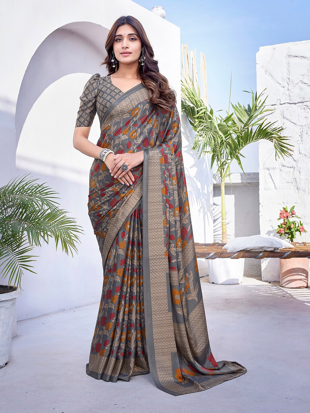 

KALINI Floral Printed Saree, Grey