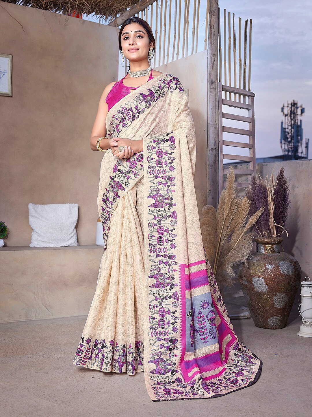 

KALINI Abstract Printed Art Silk Mysore Silk Saree, Pink