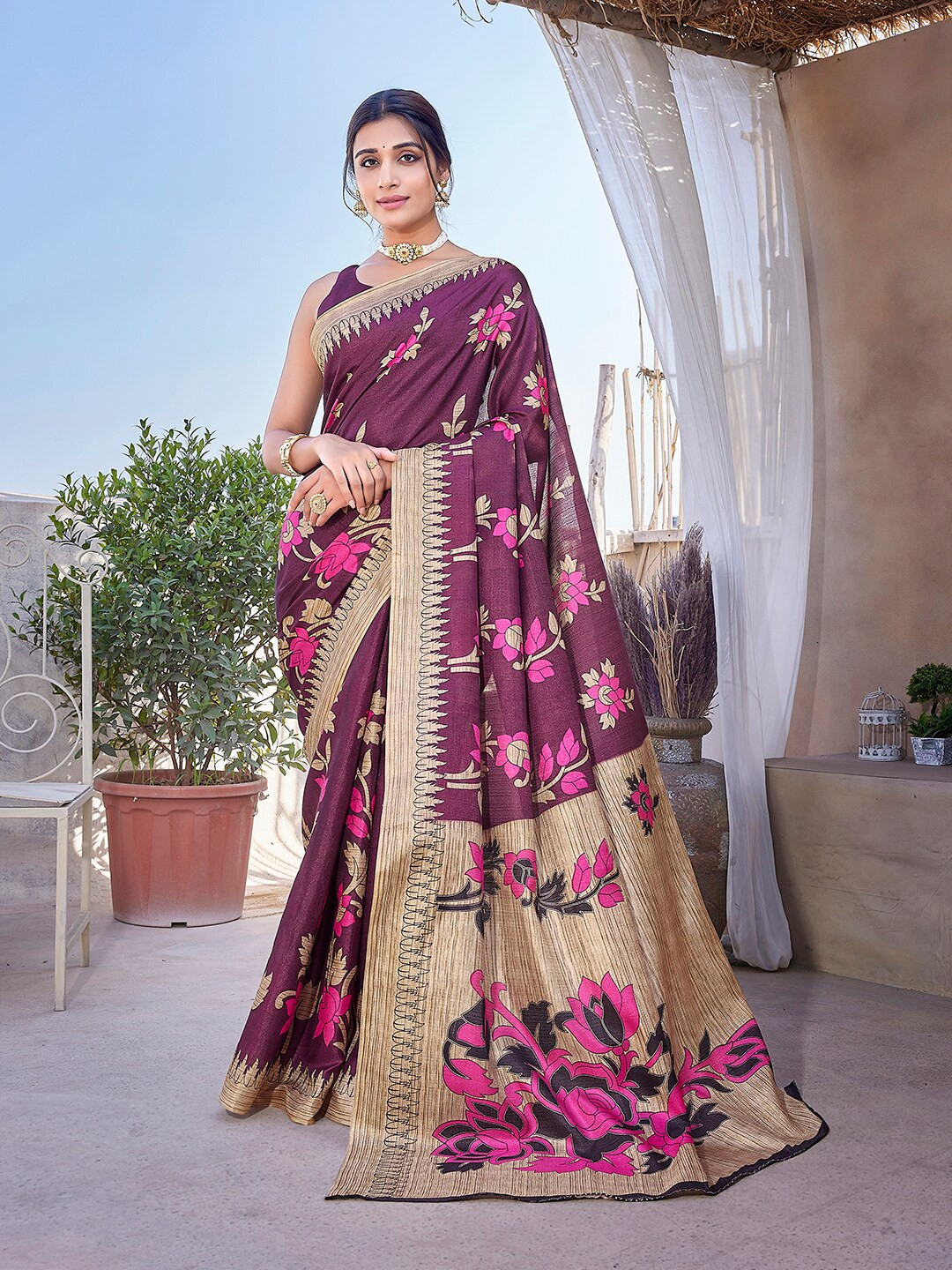 

KALINI Floral Printed Mysore Silk Saree, Purple