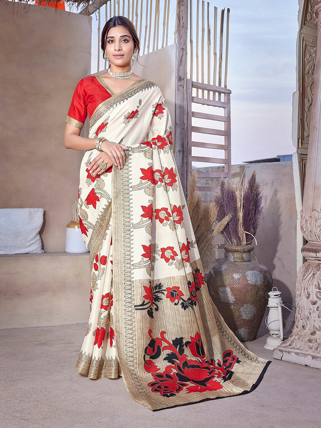 

KALINI Floral Printed Mysore Silk Saree, Red