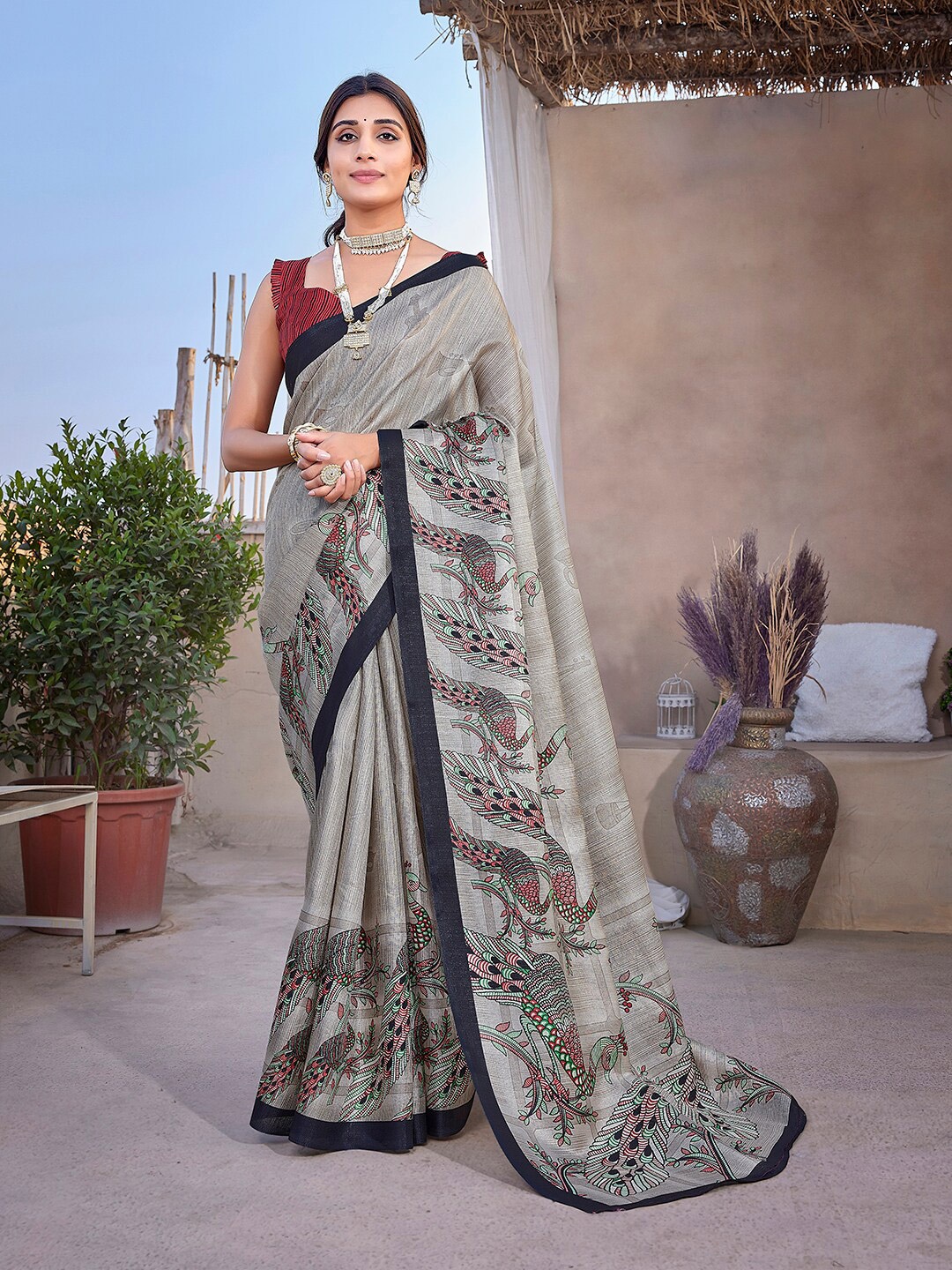 

KALINI Floral Printed Mysore Silk Saree, Black