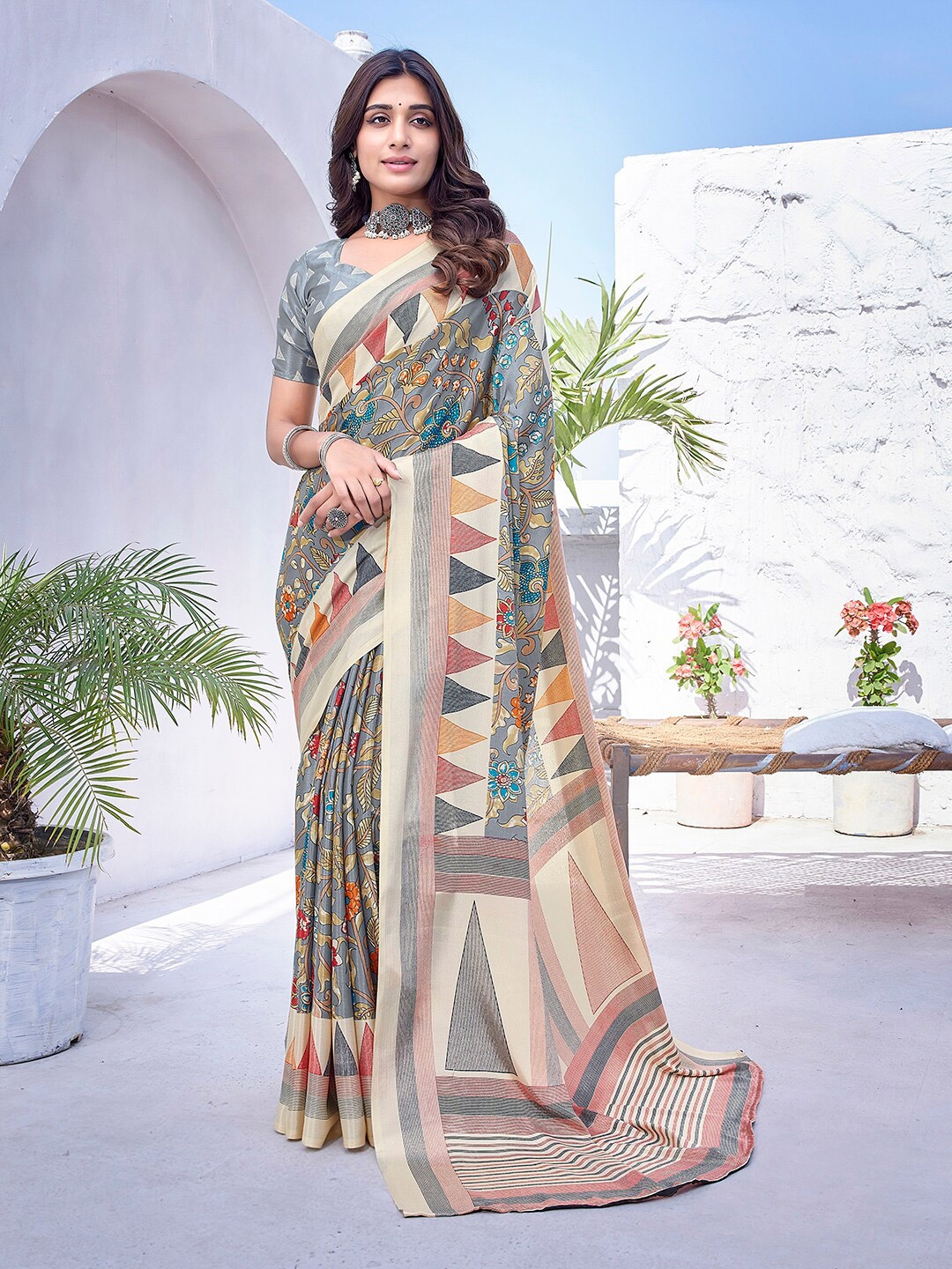 

KALINI Floral Printed Saree, Grey