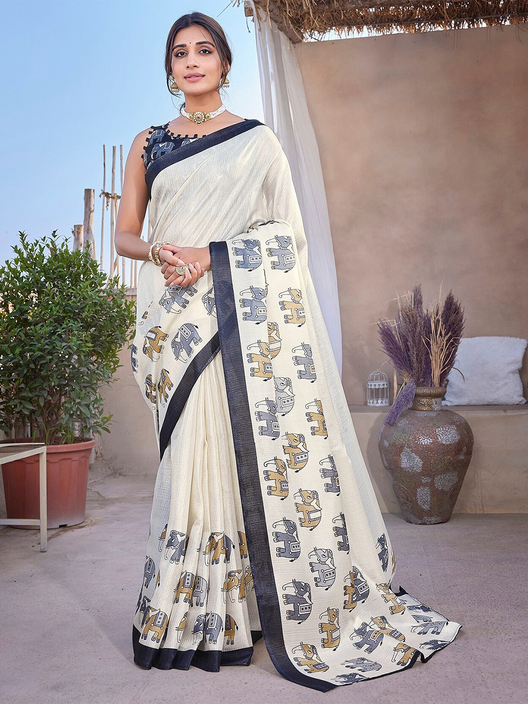 

KALINI Ethnic Motifs Printed Mysore Silk Saree, Cream