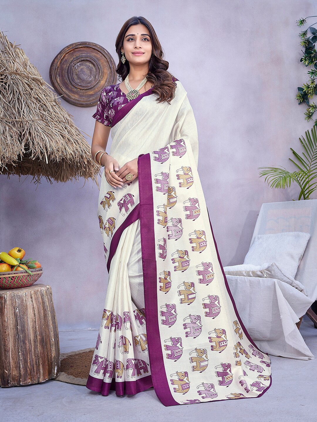 

KALINI Ethnic Motifs Printed Mysore Silk Saree, Cream