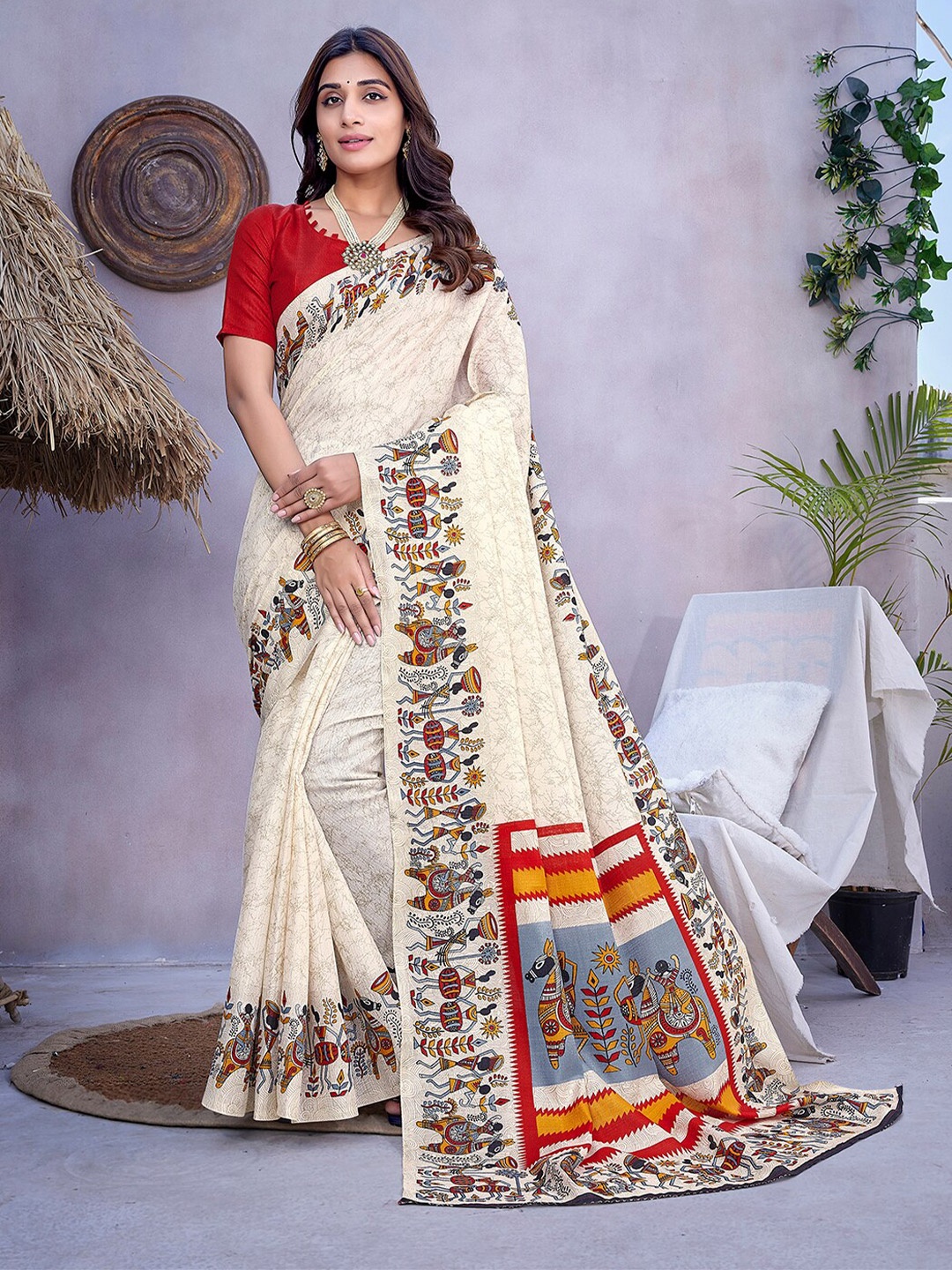 

KALINI Ethnic Motifs Printed Mysore Silk Saree, Cream