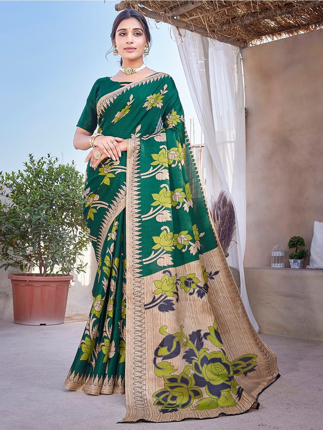 

KALINI Floral Printed Art Silk Mysore Silk Saree, Green