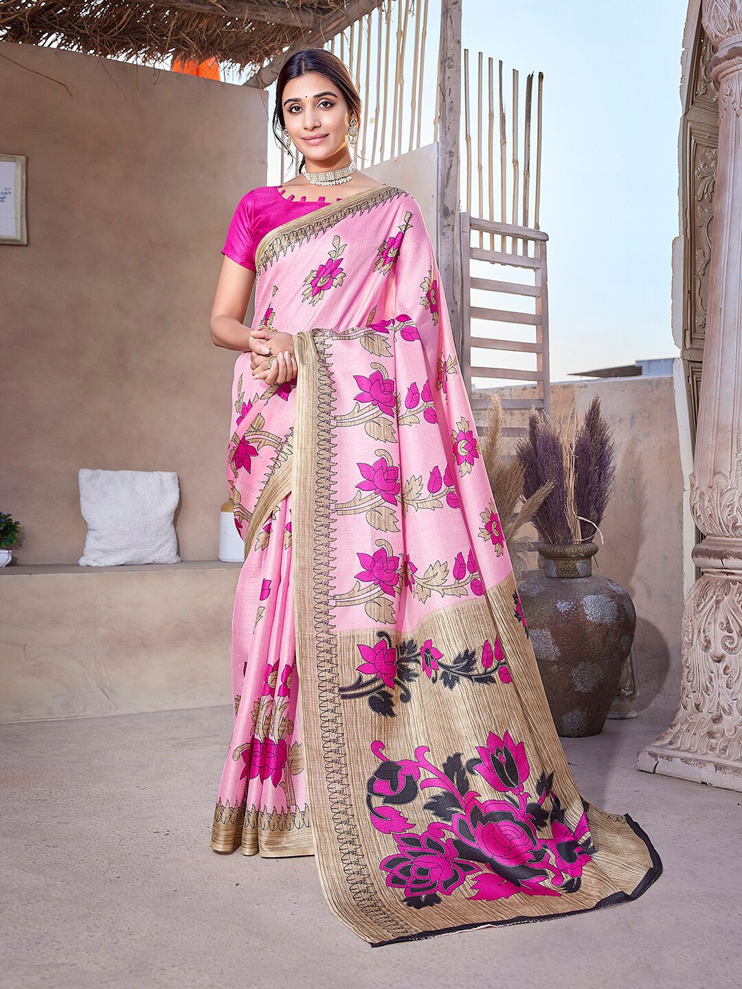 

KALINI Floral Printed Art Silk Mysore Silk Saree, Pink