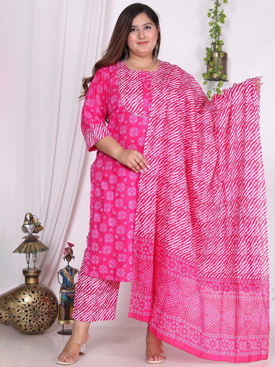 

KALINI Pure Cotton Bandhani Printed Pure Cotton Straight Kurta & Trousers With Dupatta, Pink