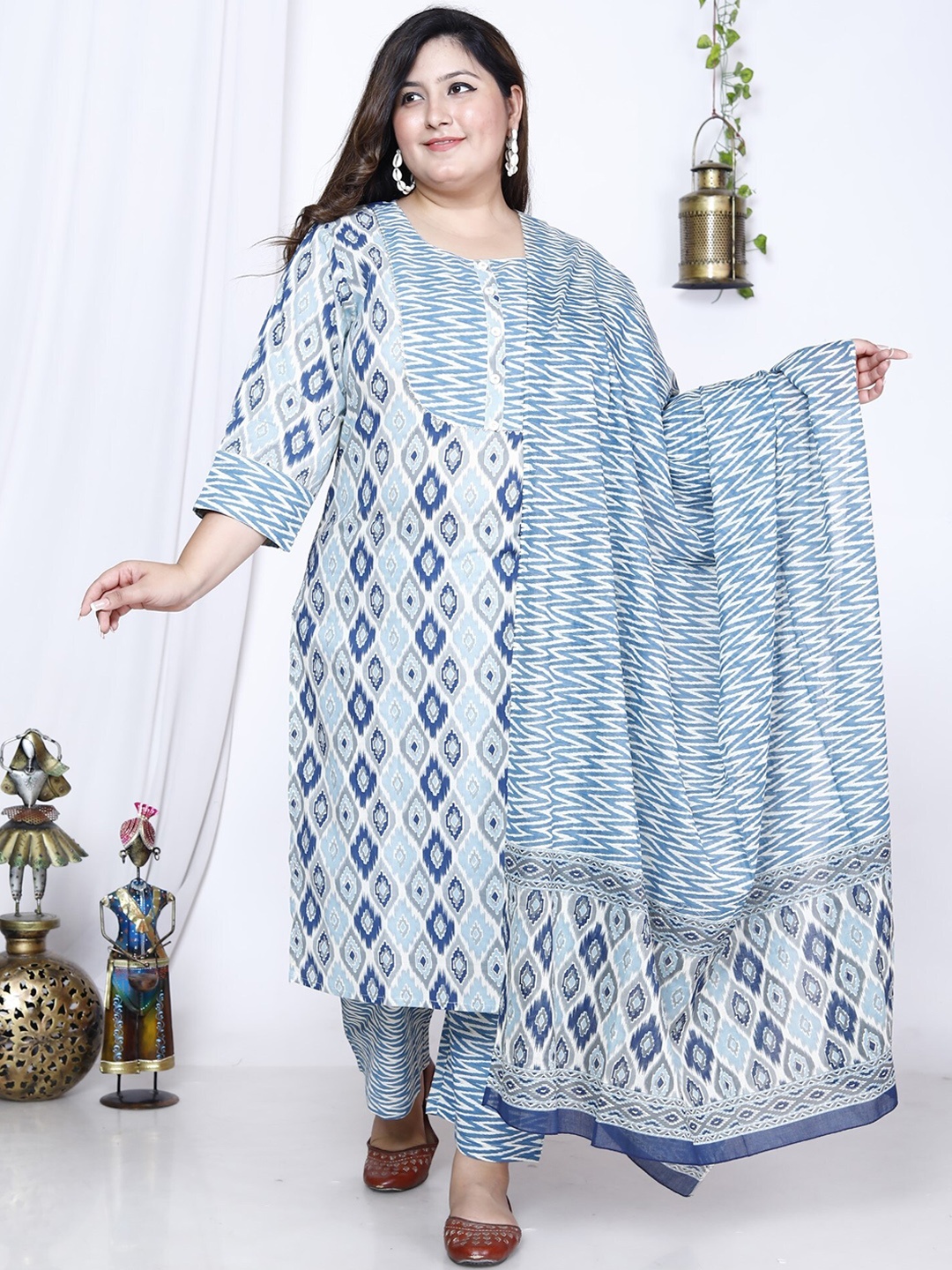 

KALINI Plus Size Floral Printed Sequinned Pure Cotton Kurta With Trousers & Dupatta, Blue