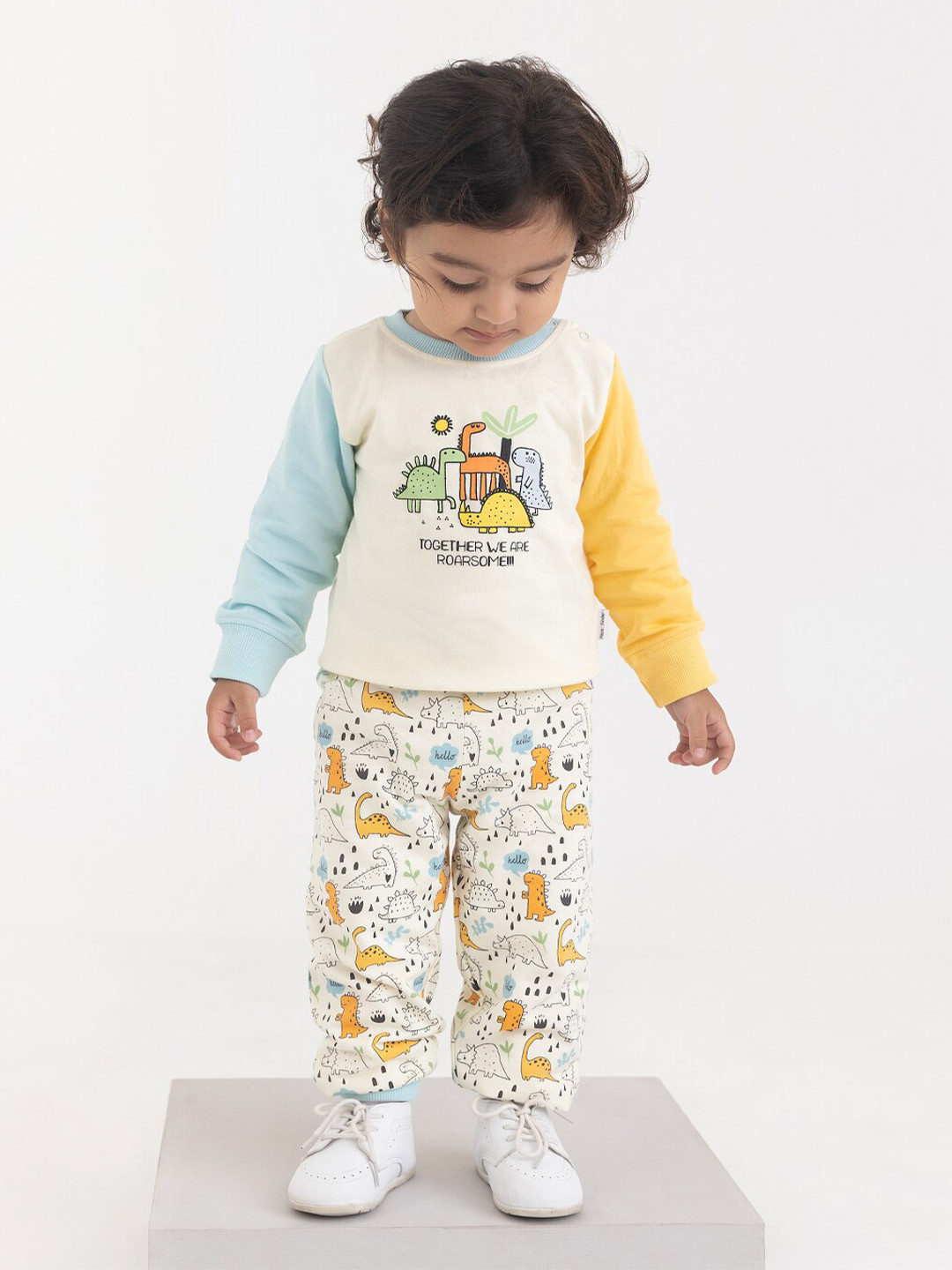 

haus & kinder Boys Printed Pure Cotton T-shirt with Pyjamas, Off white