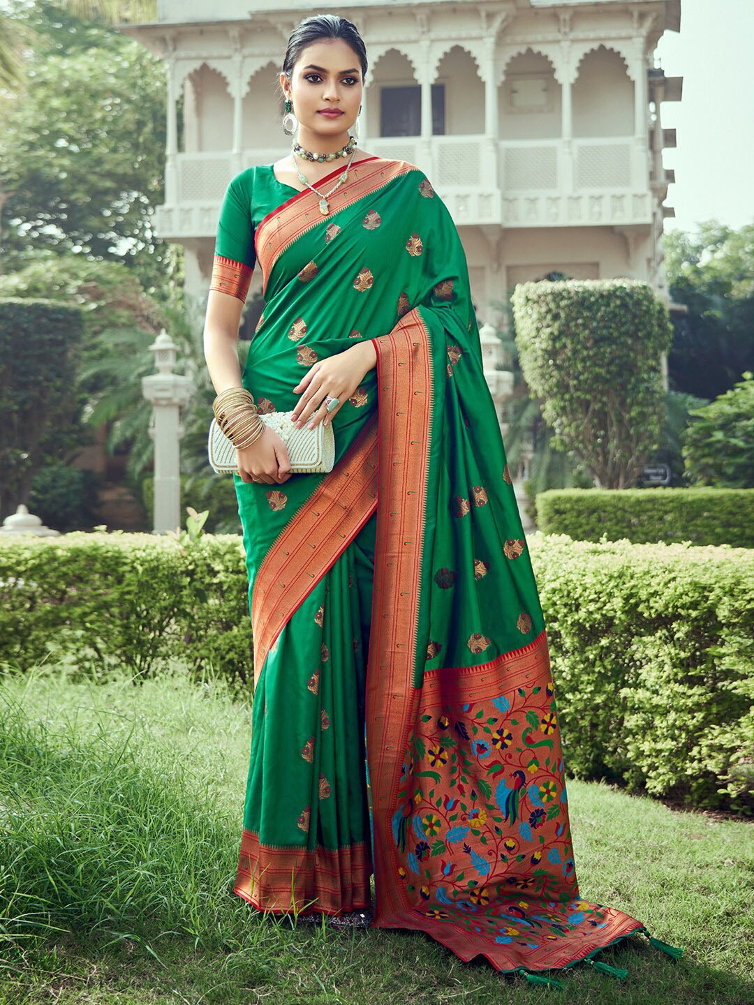 

Mitera Woven Design Zari Paithani Saree, Green