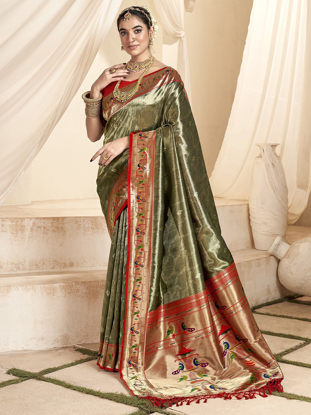 

Mitera Woven Design Zari Tissue Heavy Work Paithani Saree, Green