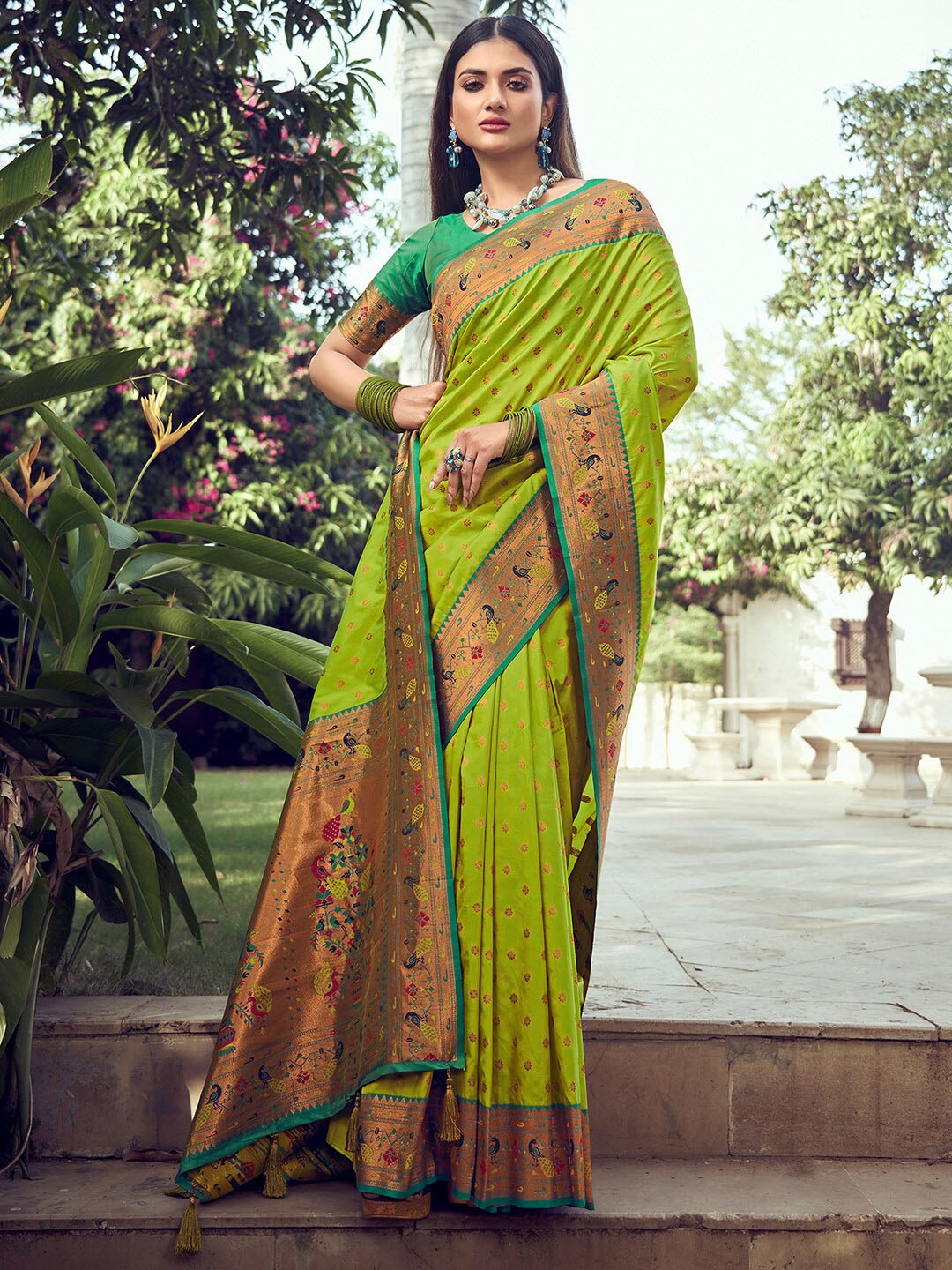 

Mitera Woven Design Zari Heavy Work Paithani Saree, Lime green