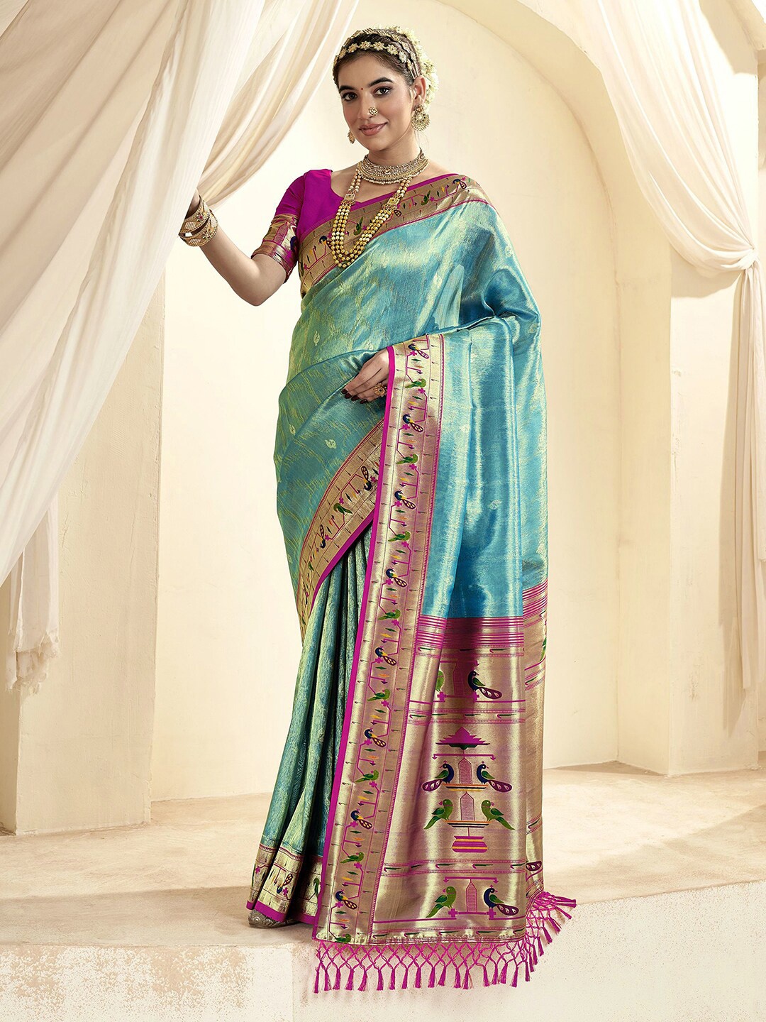 

Mitera Woven Design Zari Tissue Paithani Saree, Turquoise blue