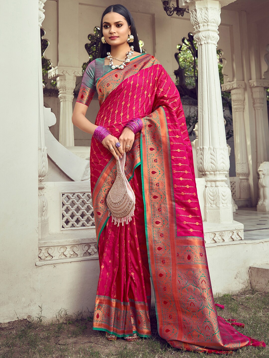 

Mitera Ethnic Motifs Zari Banarasi Saree, Pink